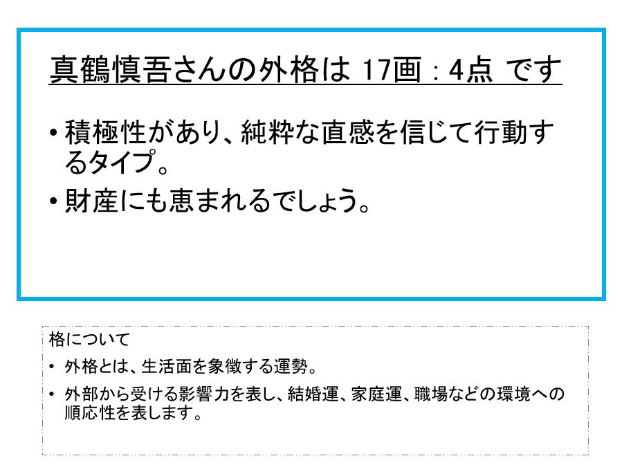 真鶴慎吾さん：姓名占い（外格）