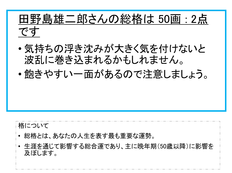 田野島雄二郎さん：姓名占い（総格）