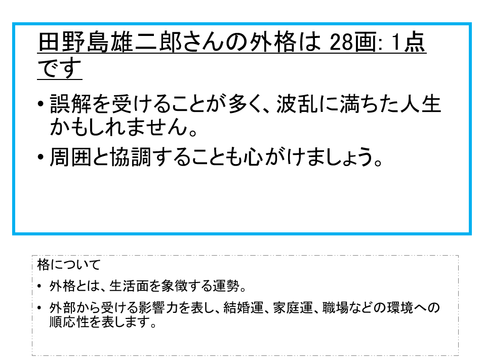 田野島雄二郎さん：姓名占い（外格）