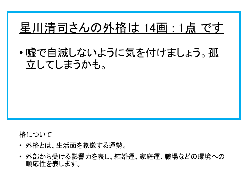 星川清司さん：姓名占い（外格）