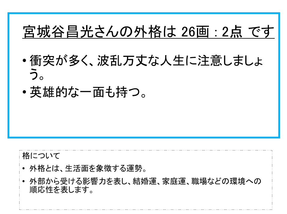 宮城谷昌光さん：姓名占い（外格）