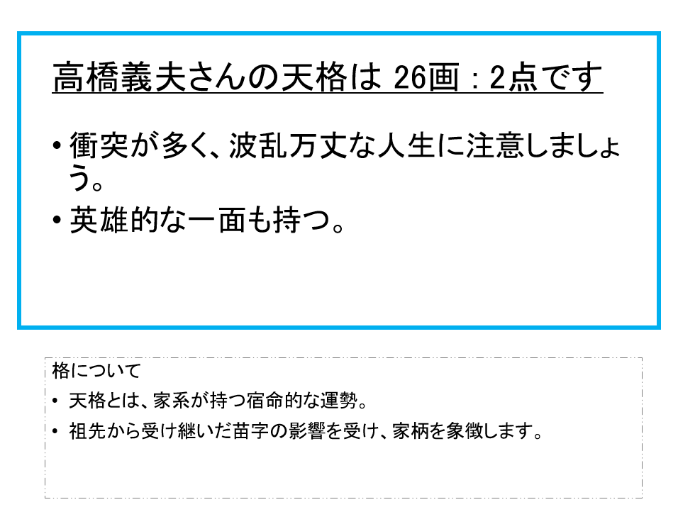 高橋義夫さん：姓名占い（天格）