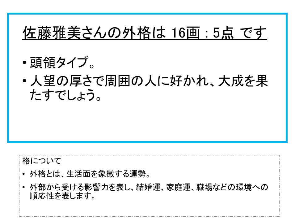 佐藤雅美さん：姓名占い（外格）