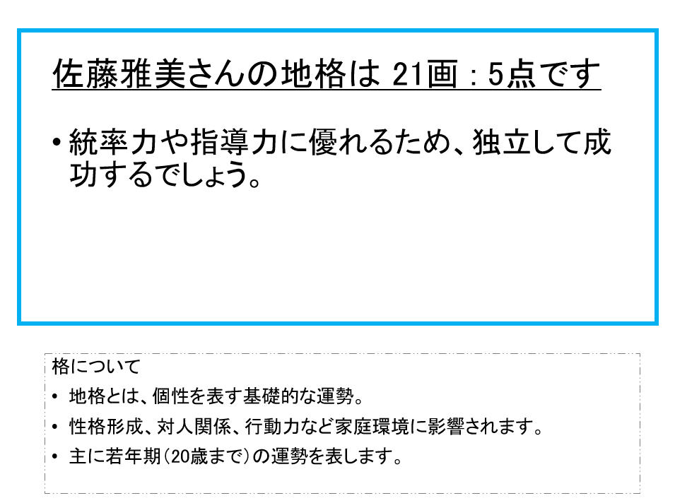 佐藤雅美さん：姓名占い（地格）