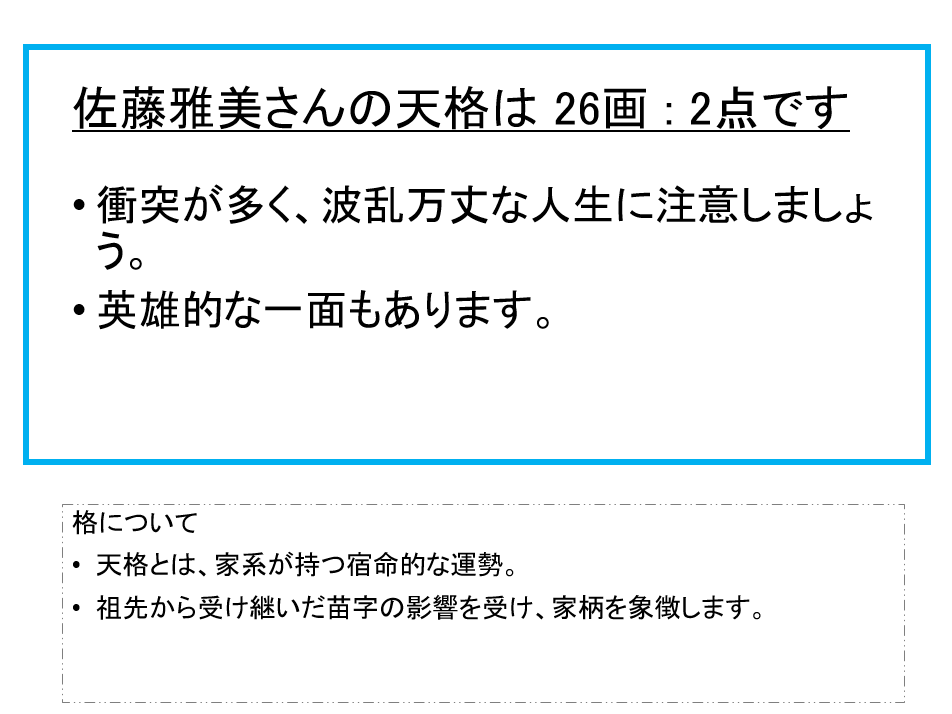 佐藤雅美さん：姓名占い（天格）