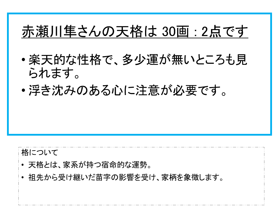 赤瀬川隼さん：姓名占い（天格）